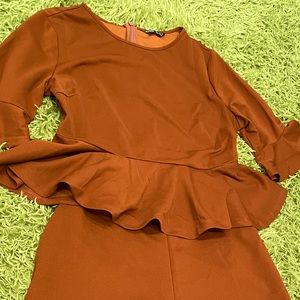 Autumn orange peplum shirt and culottes pants office set